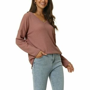 Women's V Neck Waffle Knit Long Sleeve Casual Tops